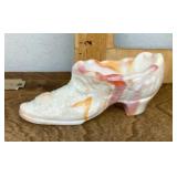 Orange and white slag glass shoe