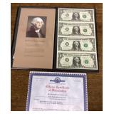 Uncut sheet of dollar bills with certificate