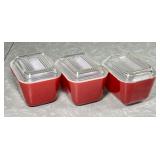 3 red Pyrex 0501 refrigerator dishes with lids