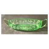 Green Depression glass etched canoe relish dish