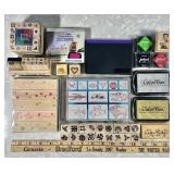 Group of rubber stamps and stamp pads