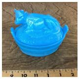 Blue slag Heisey glass cow candy dish