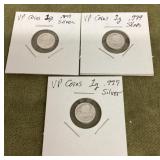 Three 1g fine silver coins