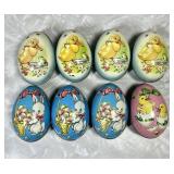 8 vintage tin litho Easter egg candy containers