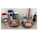 Sports glasses, plates, cups, mugs, bottle lot