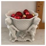 White 4-cherub porcelain dish & contents