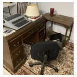 Kneehole desk, side table, and contents