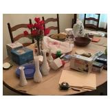 Misc. on tabletop with milk glass vases
