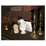 Assorted home decor with brass candlesticks, etc.