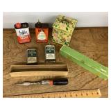 Vintage tins and push drill screwdriver