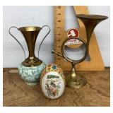 Brass horn, Holland vase, Japanese Satsuma egg