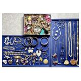 Costume jewelry group & box of craft pieces