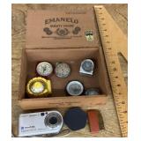 Compasses, lighter, camera, etc. in cigar box