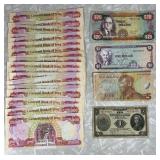 Group of foreign currency and coins