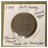 1794 colonial copper half penny