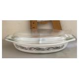 Pyrex Black Scroll divided casserole dish with lid