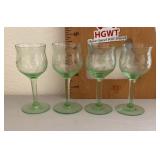 4 Green Depression glass etched wine glasses