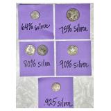11 foreign coins with varying silver content