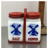 Blue Windmills milk glass salt & pepper w/rack