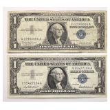 Two 1957 $1 Silver Certificates blue seal