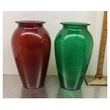 Forest green and ruby red glass vases