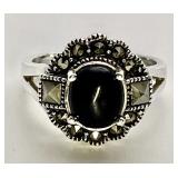 Sterling silver onyx and marcasite ring