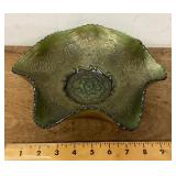 Vintage green carnival glass ruffled bowl