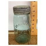 Antique blue glass Mason jar with glass & zinc lid