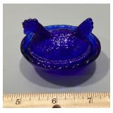 Mini cobalt blue glass hen on a nest