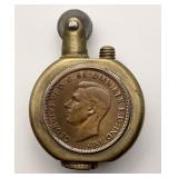 WWII brass trench art lighter w/1943 half penny