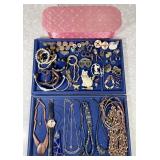 Costume jewelry and vintage satin glove box