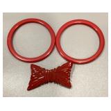 2 Cherry red Bakelite bangles and bow brooch