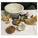 Clean up lot with chickens, bowl, etc.