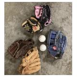 5 baseball gloves and balls
