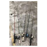 5 fishing rods and reels