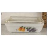 Fire King milk glass fridge dish "Gay Fad" design