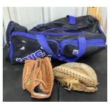 Sports bag and 2 baseball gloves
