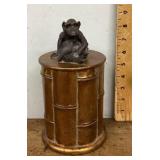 Vintage bamboo canister with brass monkey lid