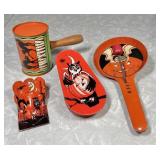 4 vintage tin litho Halloween noisemakers
