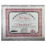 1966 Busch Stadium First Nighter certificate
