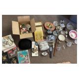 Tote full of clear glass, porcelain, etc.