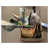 Crate of outdoor games, kites, horseshoes