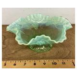 Ruffled edge green opalescent glass bowl