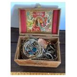 Wood cigar box full of costume jewelry