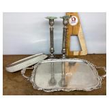 Silverplate trays and candlesticks