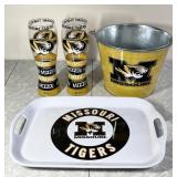 Mizzou beer bucket, glasses, and plastic tray