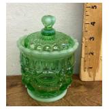 Mosser green opalescent glass "Eye Winker" jar