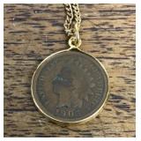 Necklace with 1905 Indian head cent pendant