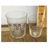 2 pre-prohibition etched shot glasses