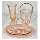 3 pieces of pink Depression glass